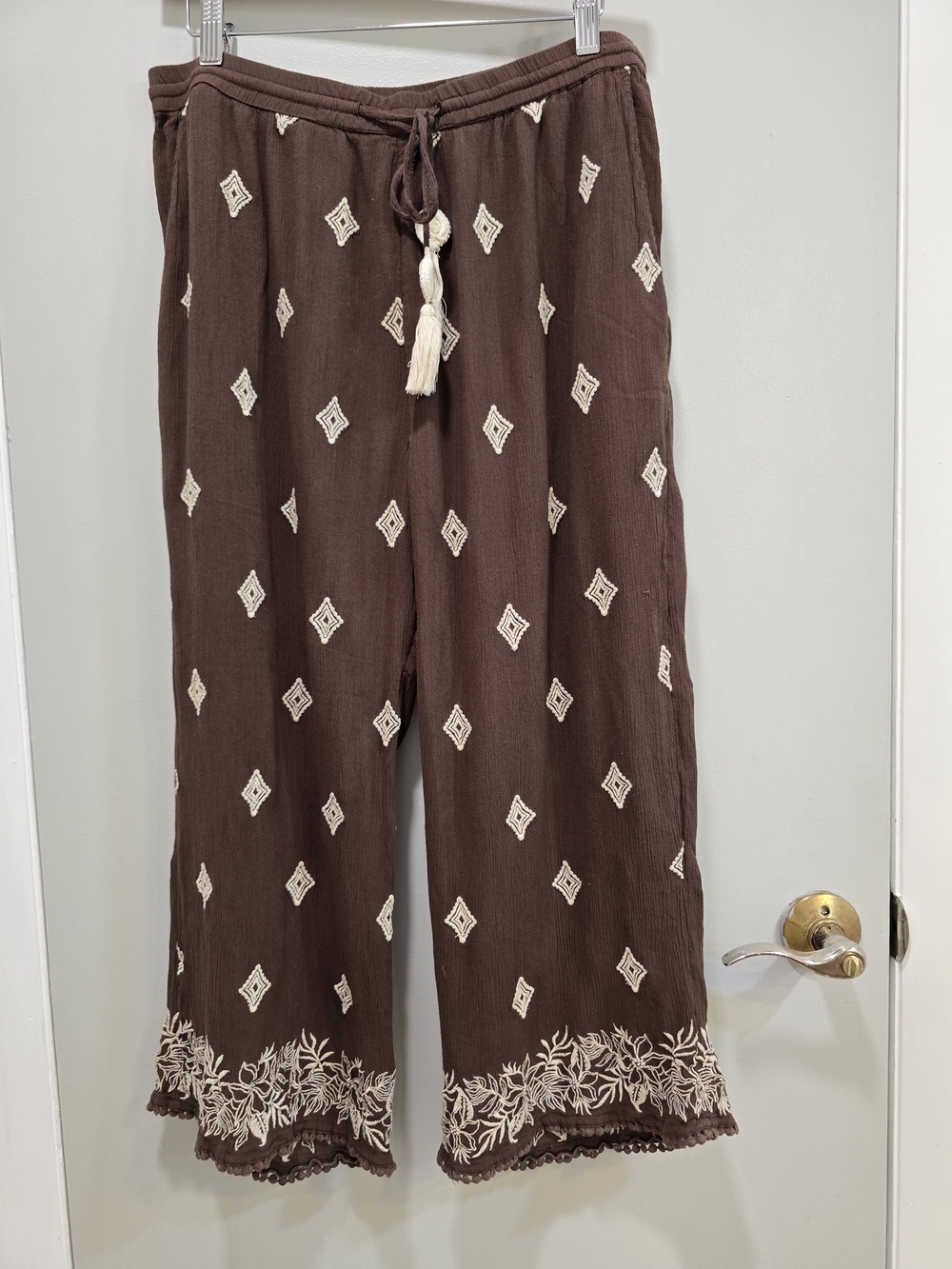 SUNDANCE Women’s Cropped Brown Embroidered Wide-Leg Pants LG